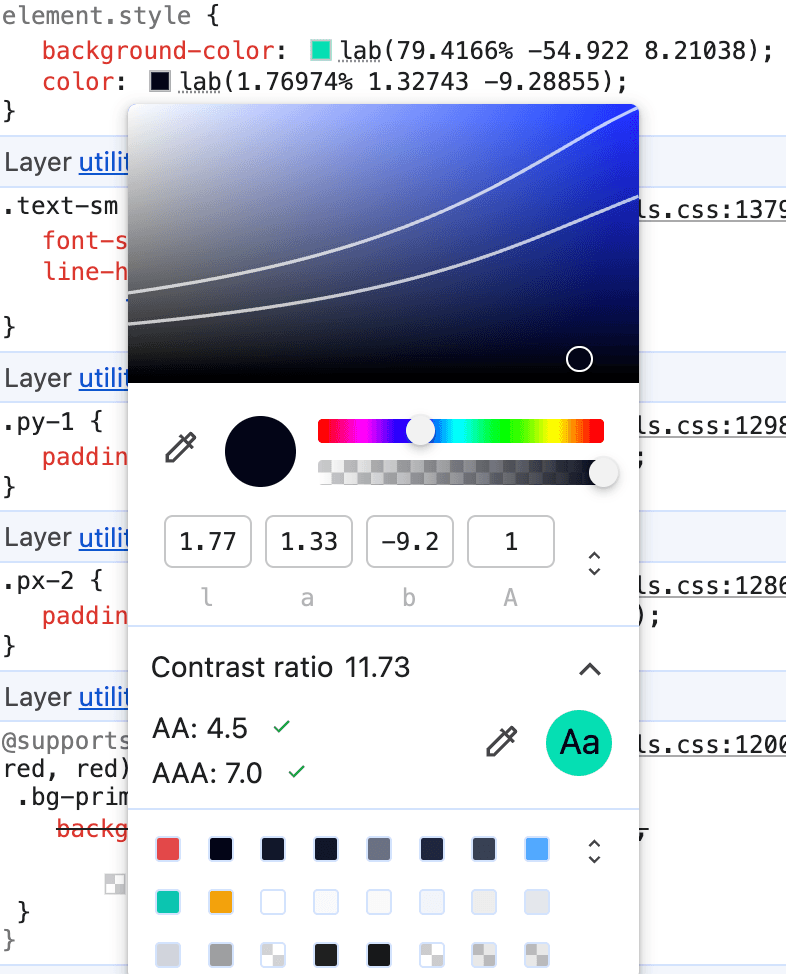Example of checking contrast ration in Chrome Dev tools